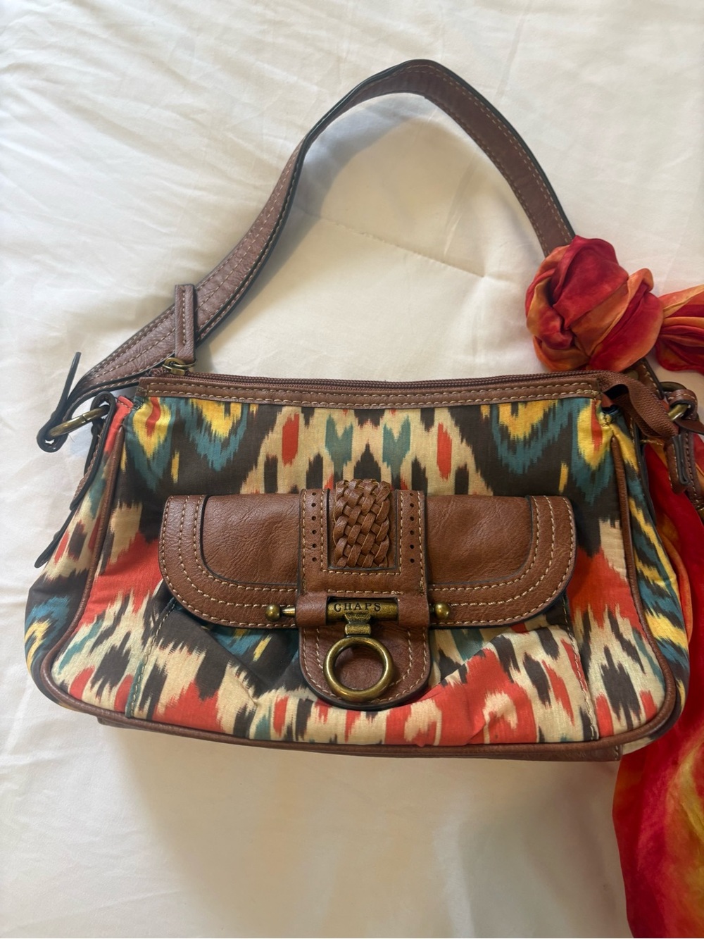 Chaps Multicolor Boho-Ikat Shoulder purse with Brown Leather accents